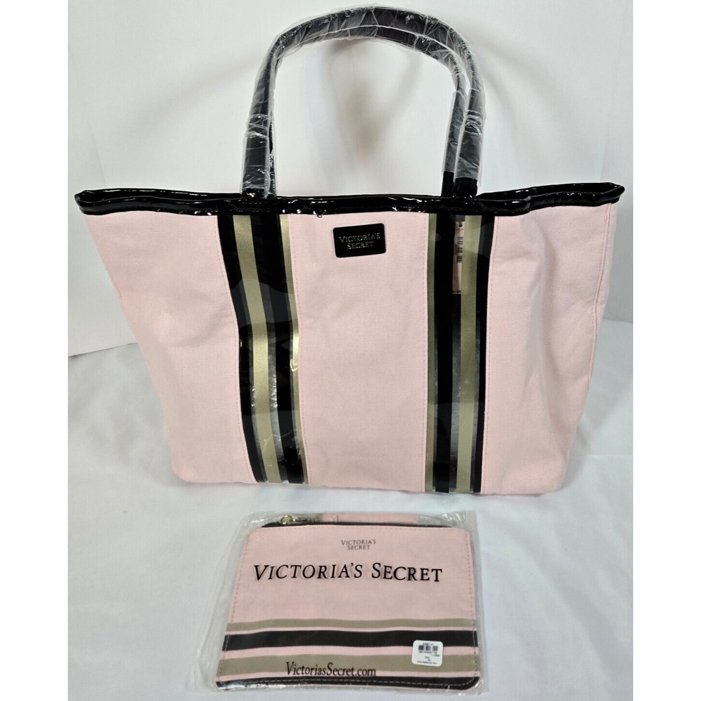 Victoria's Secret Tote Bag Pink Canvas and mini wristlet  bag 18"Wx12"Hx5.5D
